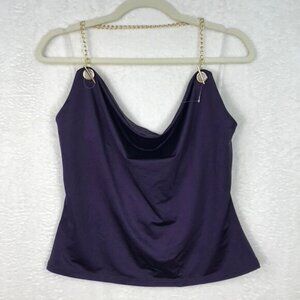 Thirty Thirty Top Womens Large Purple Crop Satin Cowl Neck Gold Chain Tank Sexy‎